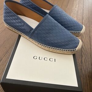Gucci Blue Embossed Slip-On Loafers